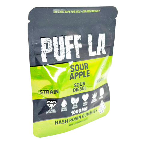 Puff LA Hash Rosin Sour Diesel (Hybrid) 1000mg (10x100mg) Edible Gummies