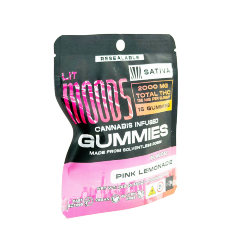 Moodz Cannabis Infused THC Solventless Rosin Pink Lemonade (Sativa) 2000mg (15x135mg) Edible Gummies