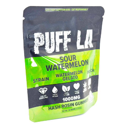 Puff LA Hash Rosin Watermelon Gelato (Indica) 1000mg (10x100mg) Edible Gummies