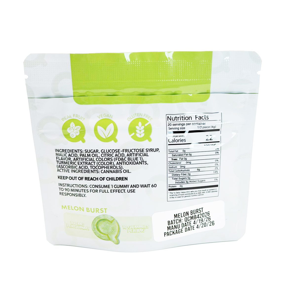 Quality Control Cannabis Live Resin Infused Melon Burst (Hybrid) 1000mg (10x100mg) Edible Gummies