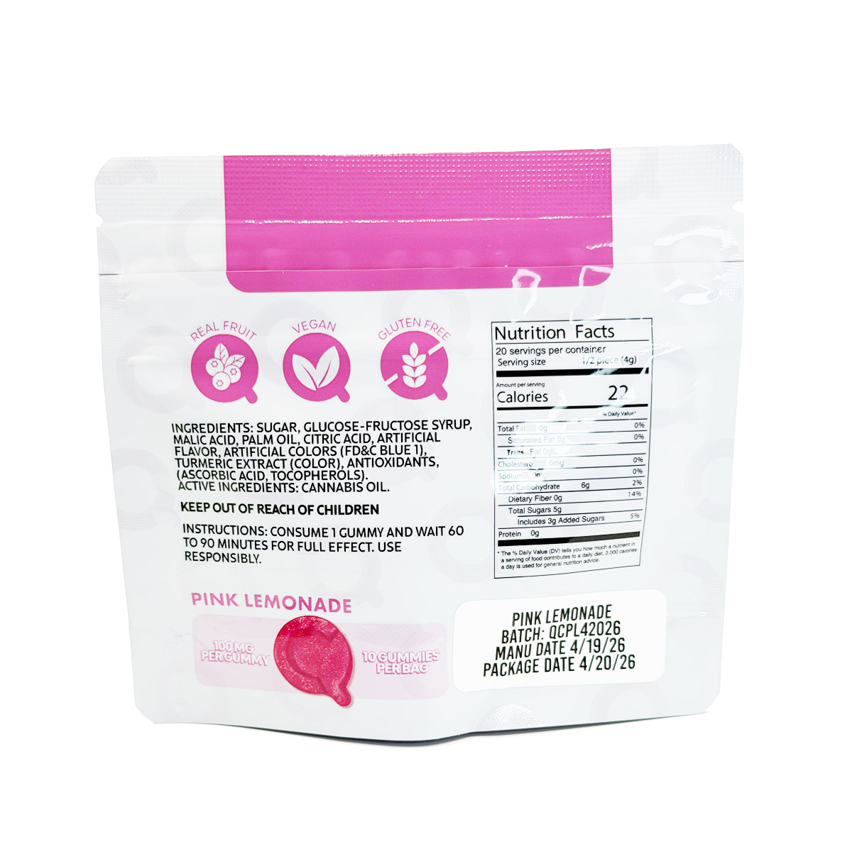 Quality Control Cannabis Live Resin Infused Pink Lemonade (Hybrid) 1000mg (10x100mg) Edible Gummies