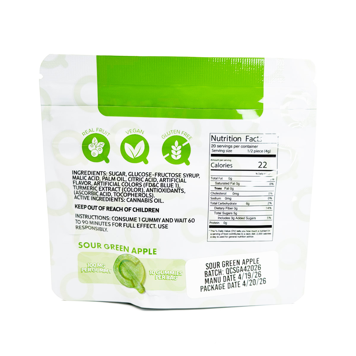 Quality Control Cannabis Live Resin Infused Sour Green Apple (Indica) 1000mg (10x100mg) Edible Gummies