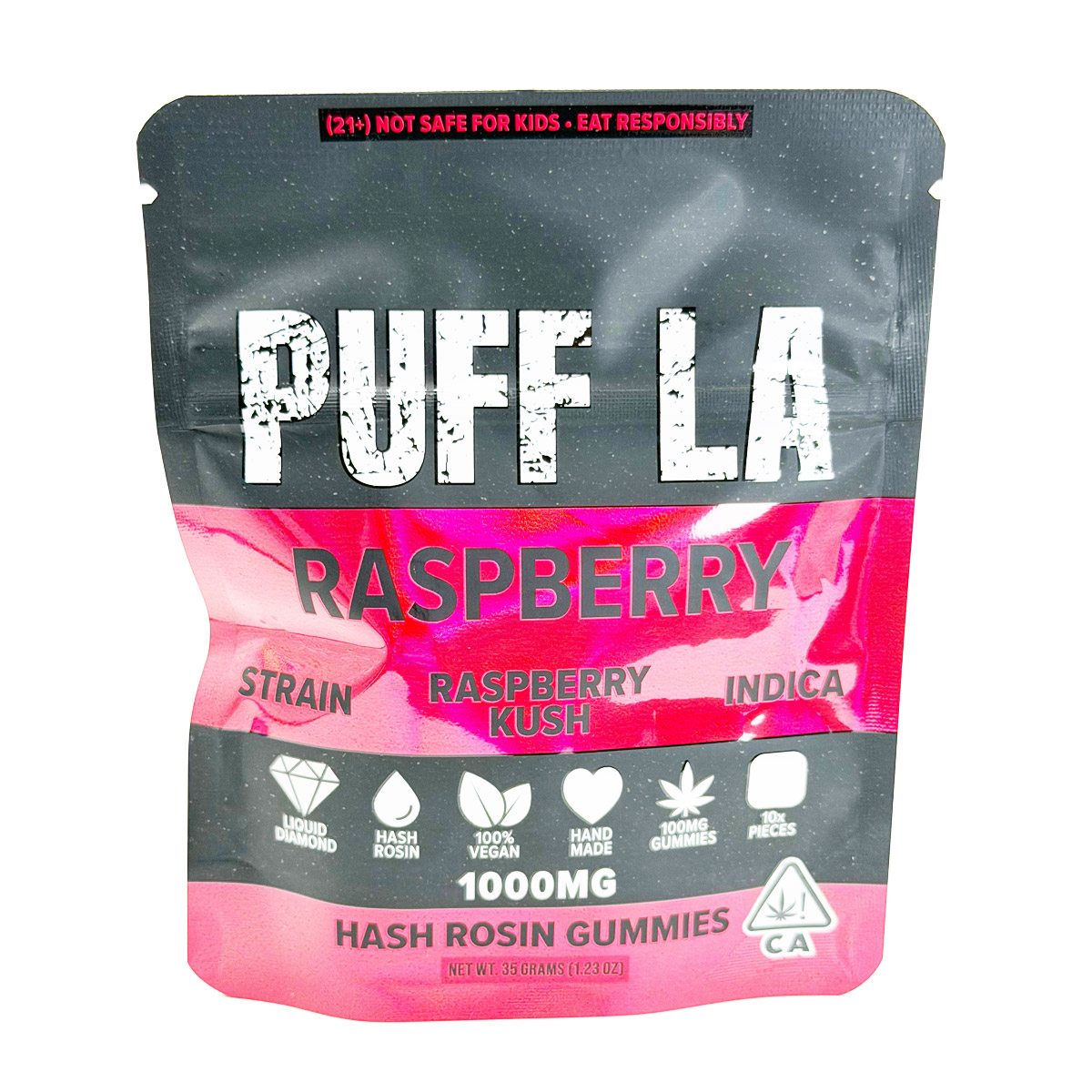 Puff LA Hash Rosin Raspberry Kush (Indica) 1000mg (10x100mg) Edible Gummies