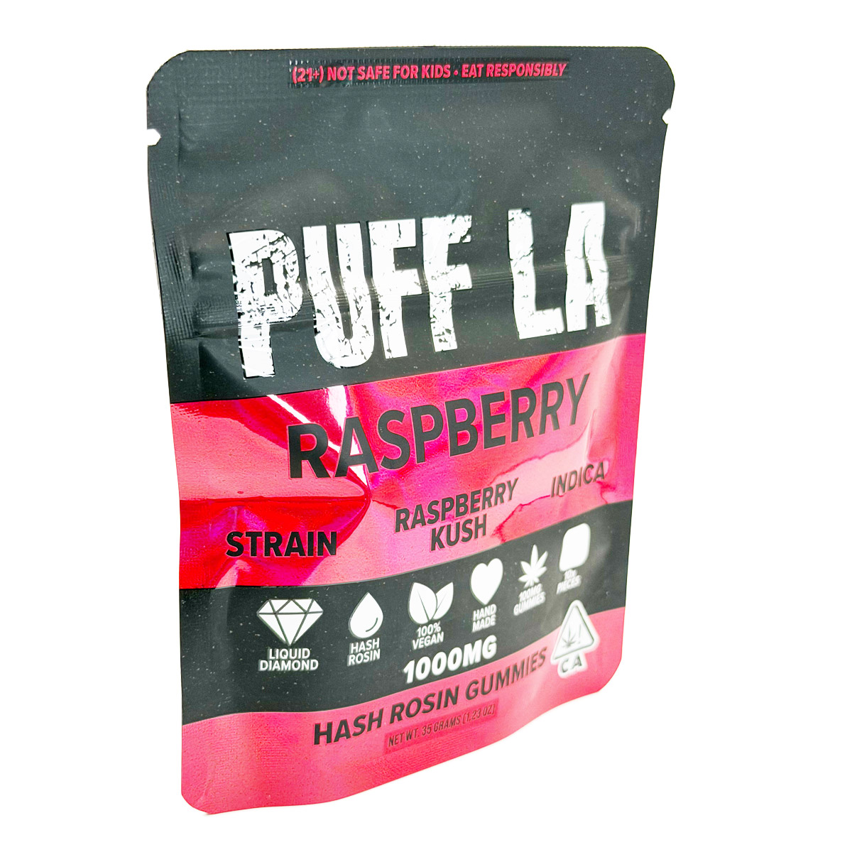 Puff LA Hash Rosin Raspberry Kush (Indica) 1000mg (10x100mg) Edible Gummies