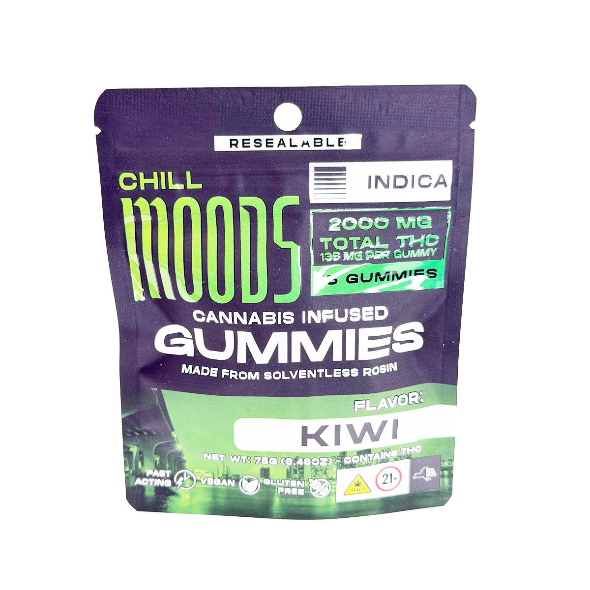 Moodz Cannabis Infused THC Solventless Rosin Kiwi (Indica) 2000mg (15x135mg) Edible Gummies