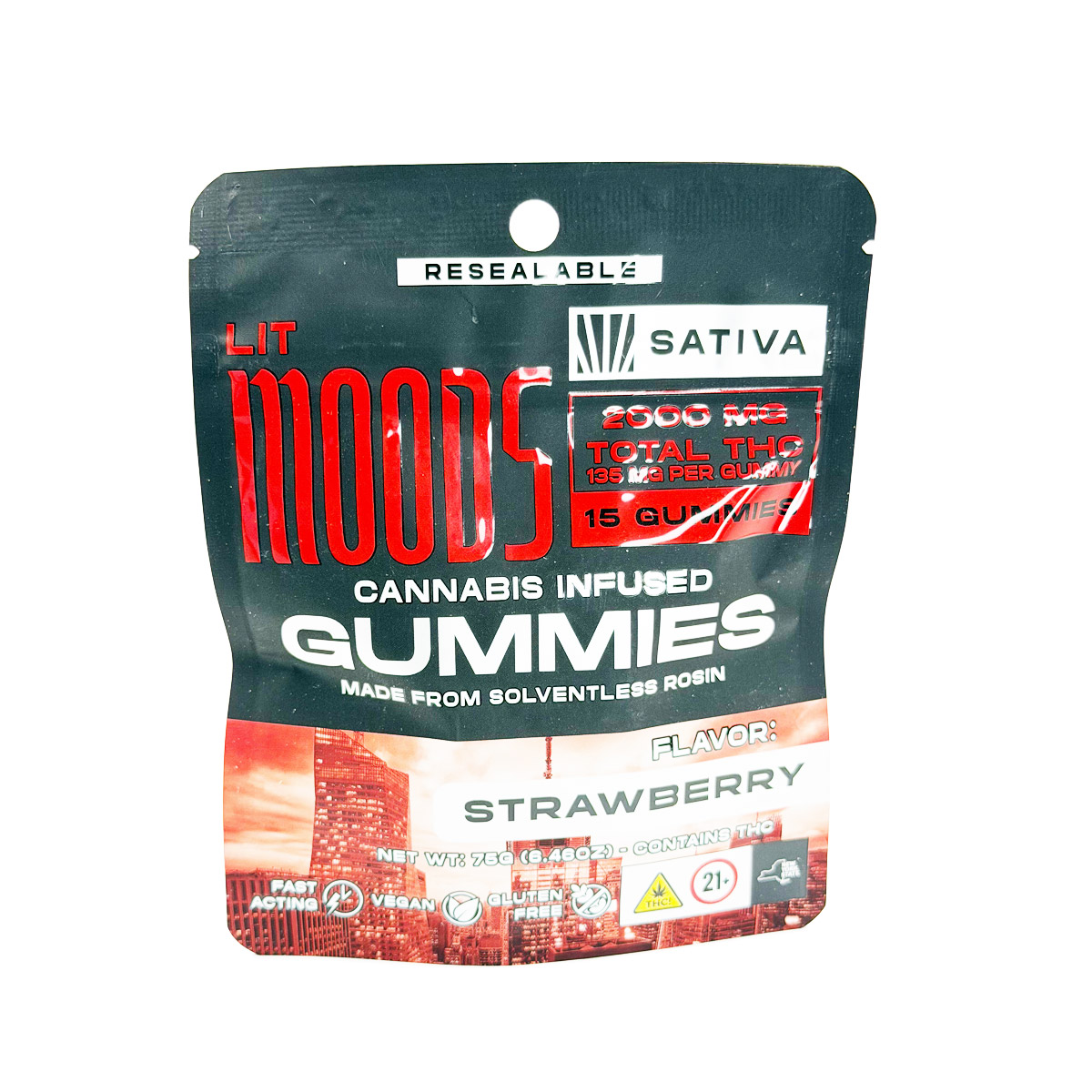 Moodz Cannabis Infused THC Solventless Rosin Strawberry (Sativa) 2000mg (15x135mg) Edible Gummies