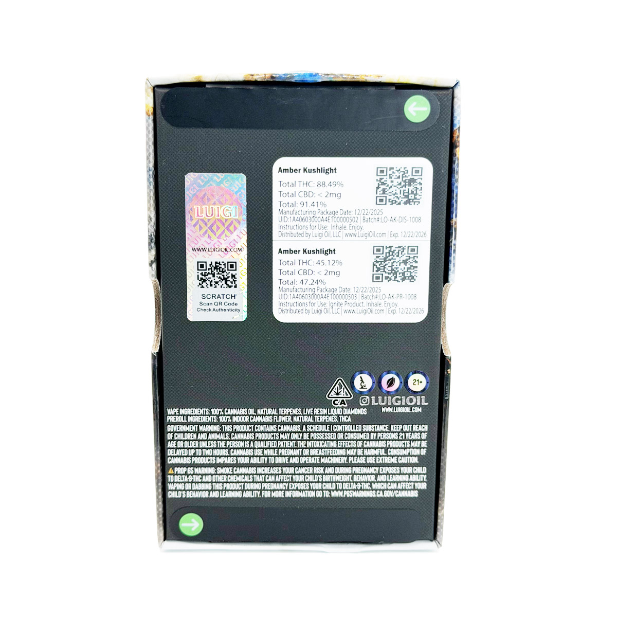 Luigi Live Resin Liquid Diamond Bundle Amber Kushlight (Indica) 2 Grams (2g) Disposable Vape