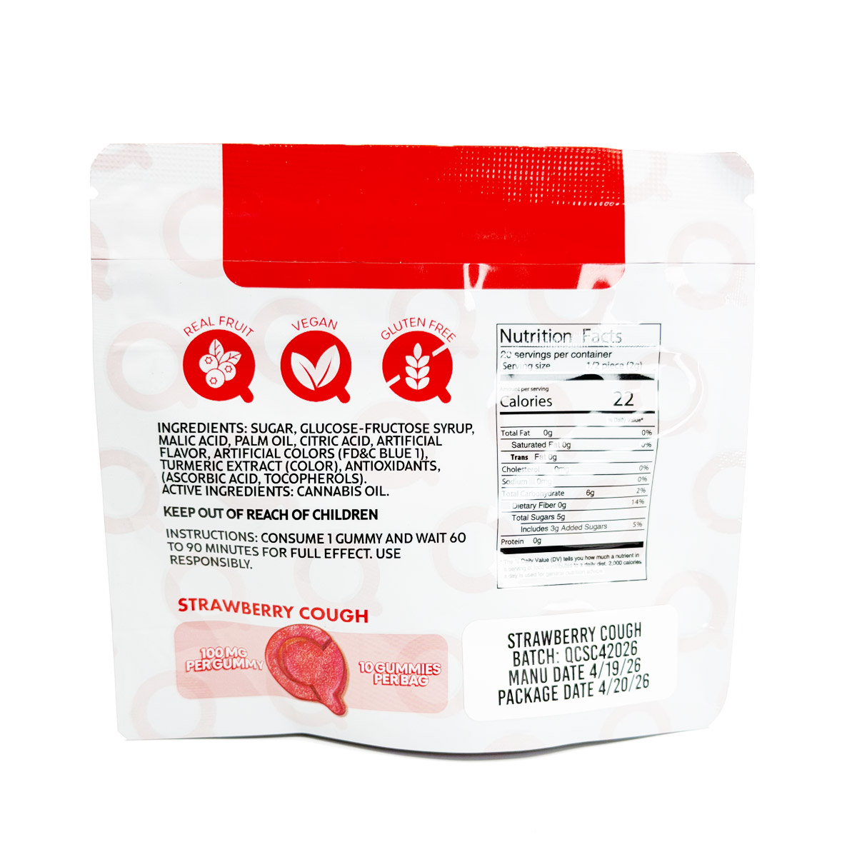 Quality Control Cannabis Live Resin Infused Strawberry Cough (Sativa) 1000mg (10x100mg) Edible Gummies