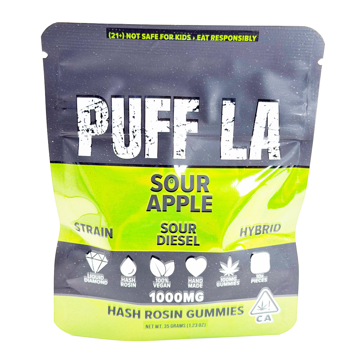 Puff LA Hash Rosin Sour Diesel (Hybrid) 1000mg (10x100mg) Edible Gummies