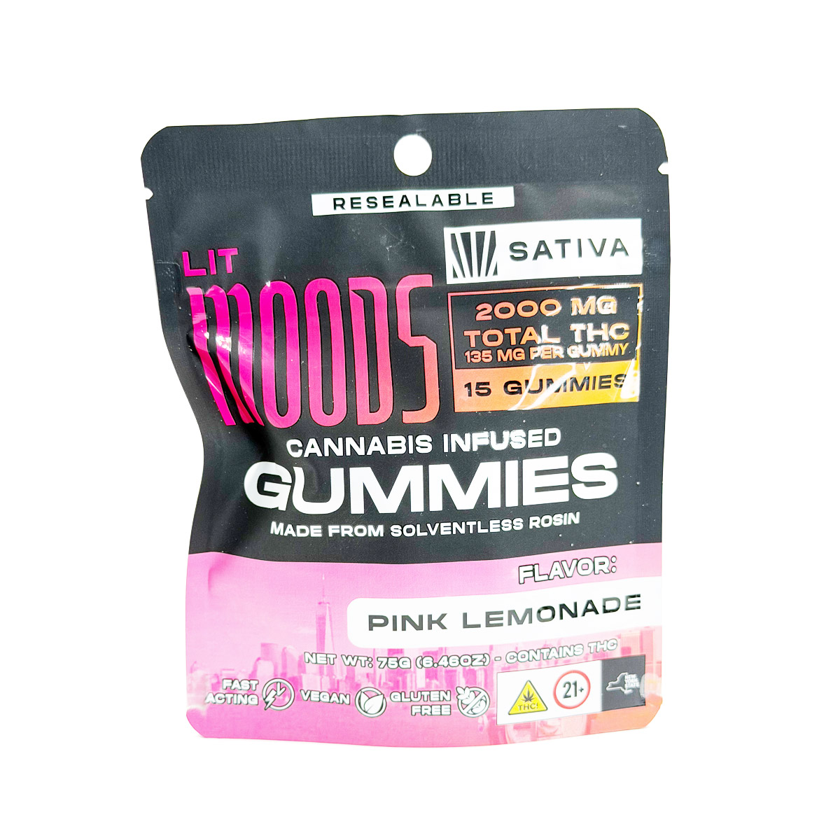 Moodz Cannabis Infused THC Solventless Rosin Pink Lemonade (Sativa) 2000mg (15x135mg) Edible Gummies