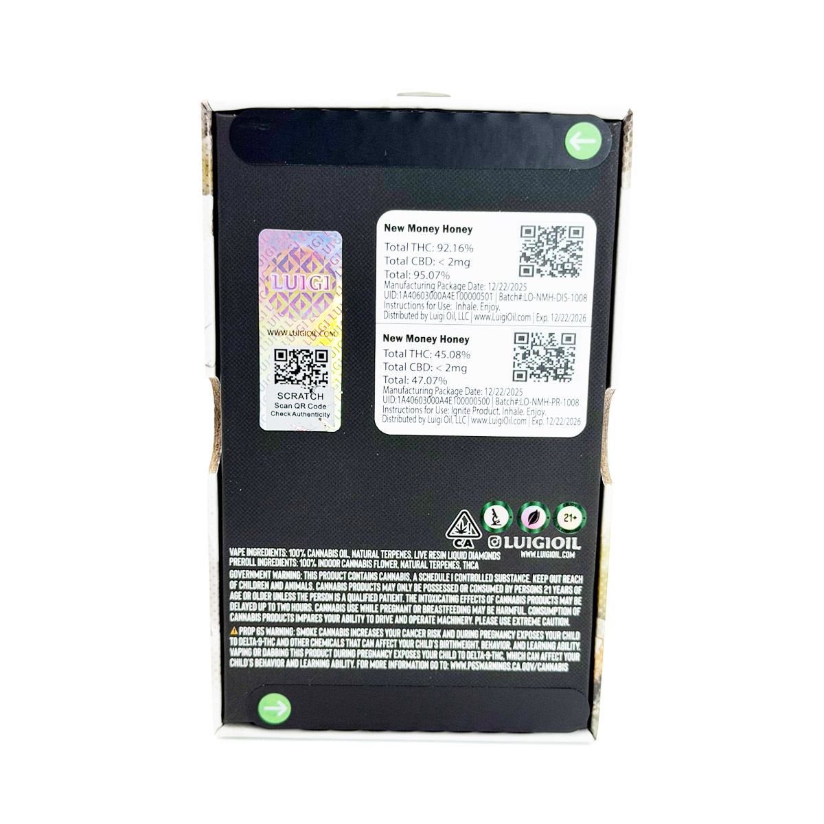 Luigi Live Resin Liquid Diamond Bundle New Money Honey (Hybrid) 2 Grams (2g) Disposable Vape
