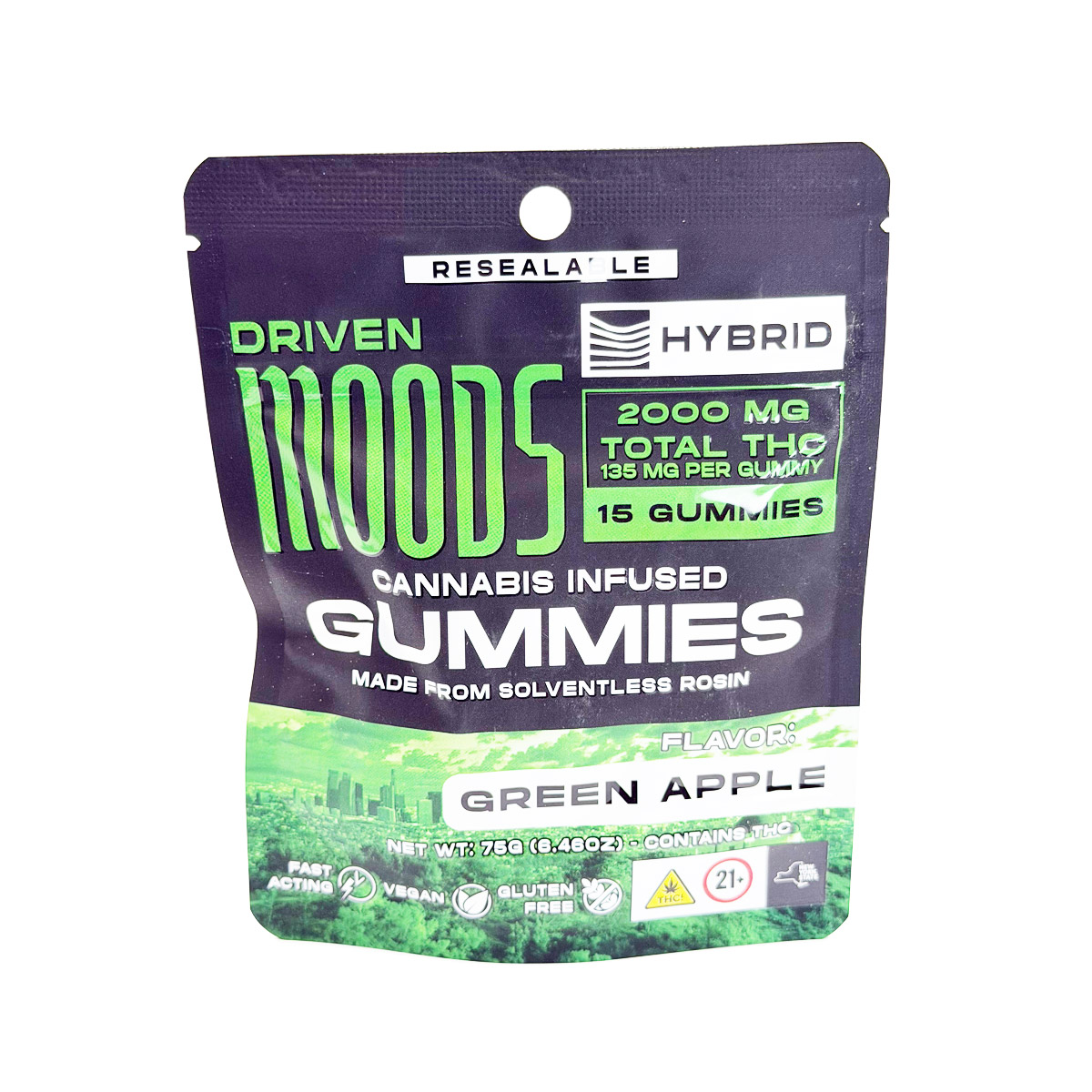 Moodz Cannabis Infused THC Solventless Rosin Green Apple (Hybrid) 2000mg (15x135mg) Edible Gummies
