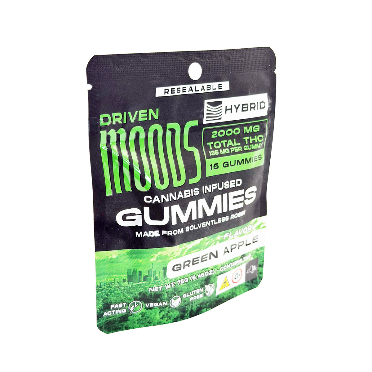 Moodz Cannabis Infused THC Solventless Rosin Green Apple (Hybrid) 2000mg (15x135mg) Edible Gummies