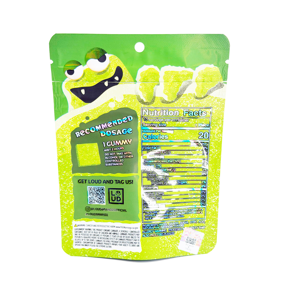 Loud Brandz Monster Cannabis Infused Green Apple 500mg (10x50mg) Edible Gummies