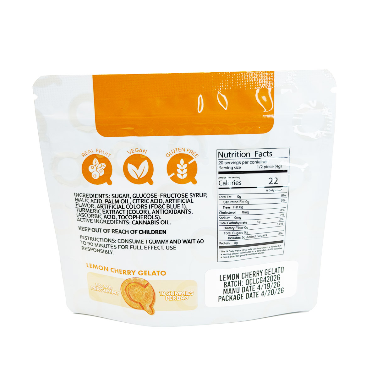 Quality Control Cannabis Live Resin Infused Lemon Cherry Gelato (Hybrid) 1000mg (10x100mg) Edible Gummies