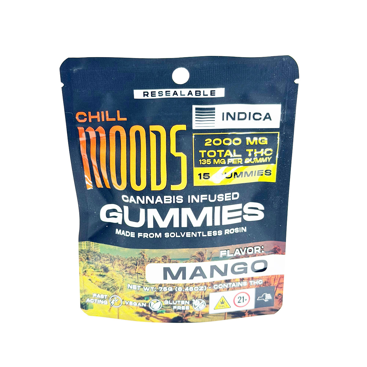 Moodz Cannabis Infused THC Solventless Rosin Mango (Indica) 2000mg (15x135mg) Edible Gummies