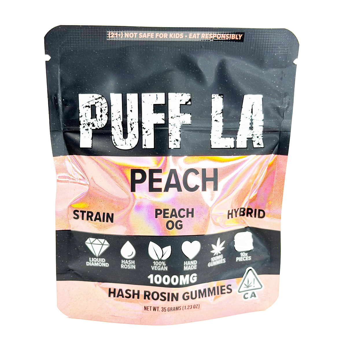 Puff LA Hash Rosin Peach OG (Hybrid) 1000mg (10x100mg) Edible Gummies