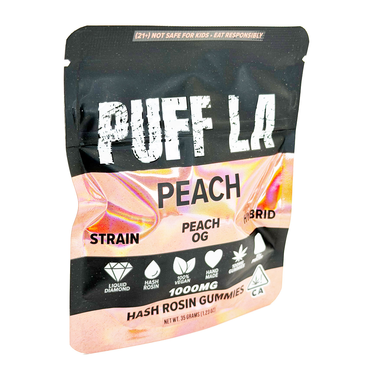 Puff LA Hash Rosin Peach OG (Hybrid) 1000mg (10x100mg) Edible Gummies