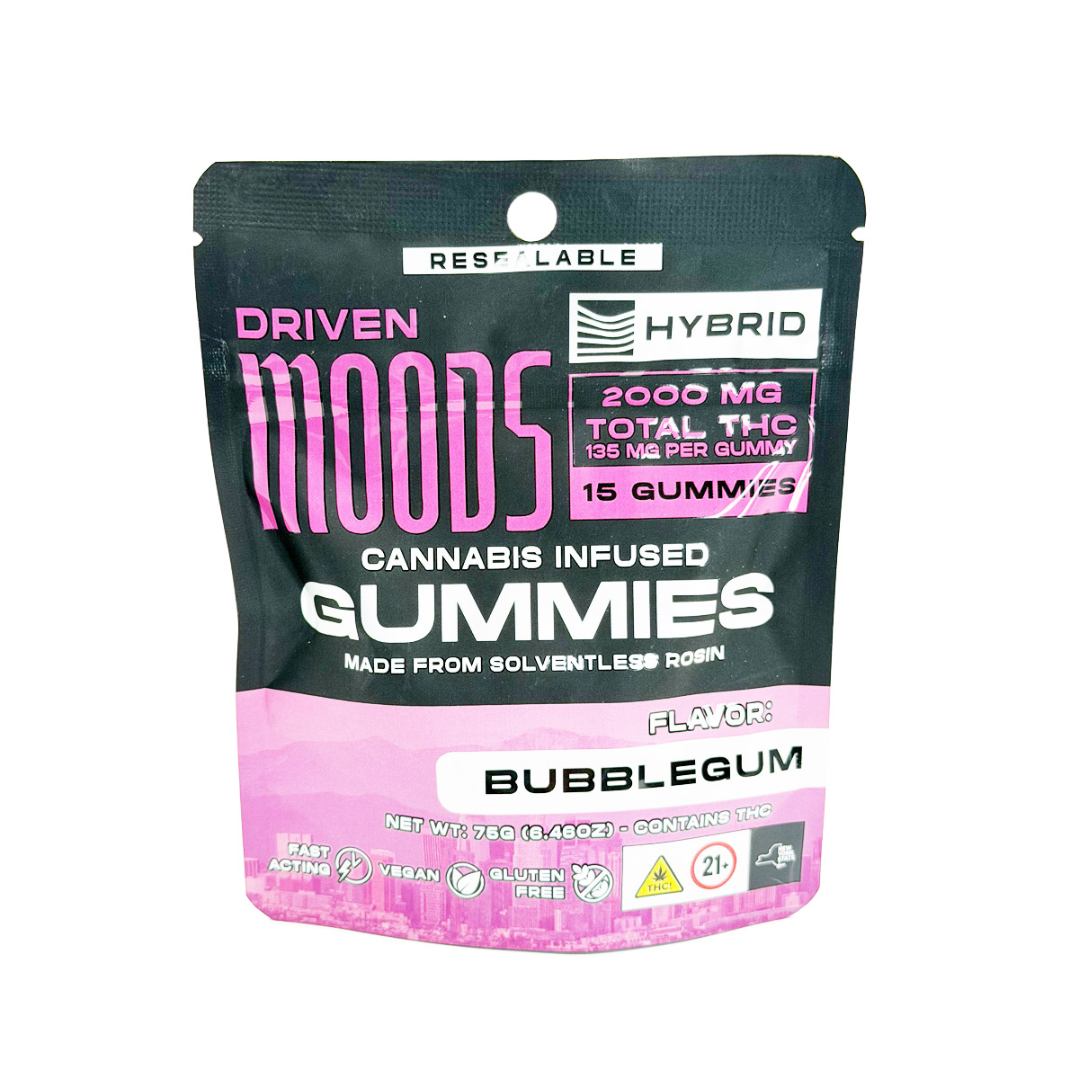 Moodz Cannabis Infused THC Solventless Rosin Bubblegum (Hybrid) 2000mg (15x135mg) Edible Gummies
