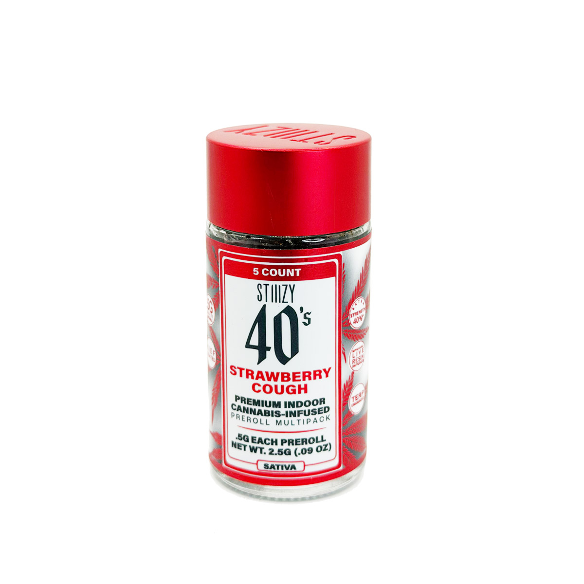 STIIIZY 40s Strawberry Cough (Sativa) 2.5 Grams (2.5g) Cannabis Infused Pre-Rolls (5-Pack)