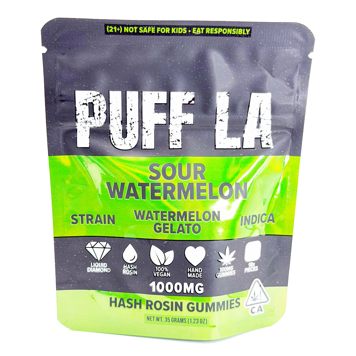 Puff LA Hash Rosin Watermelon Gelato (Indica) 1000mg (10x100mg) Edible Gummies