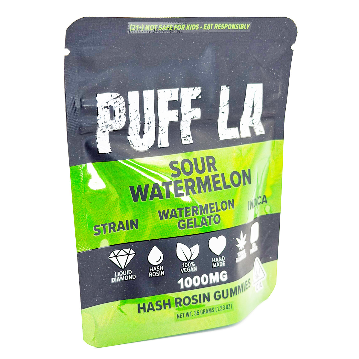 Puff LA Hash Rosin Watermelon Gelato (Indica) 1000mg (10x100mg) Edible Gummies